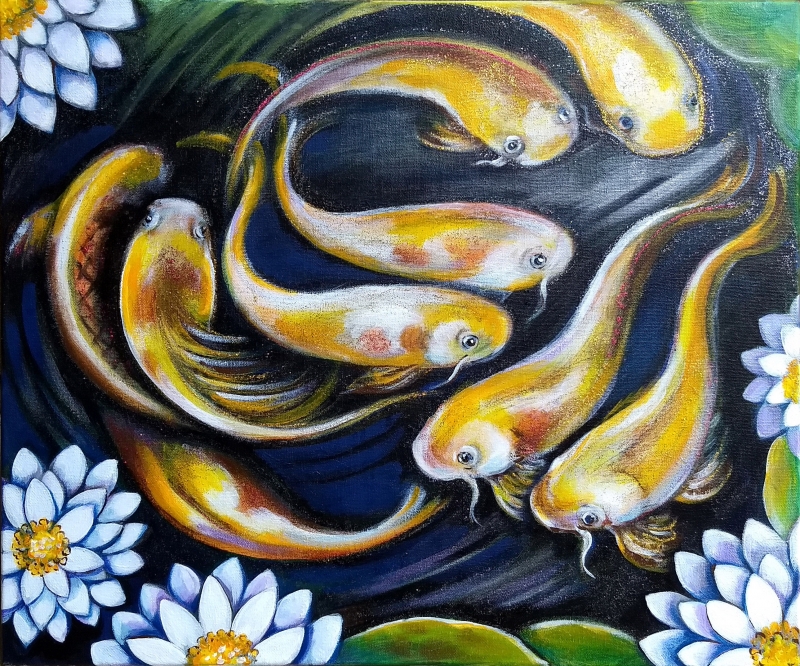 Gold carps by artist Anastasia Shimanskaya